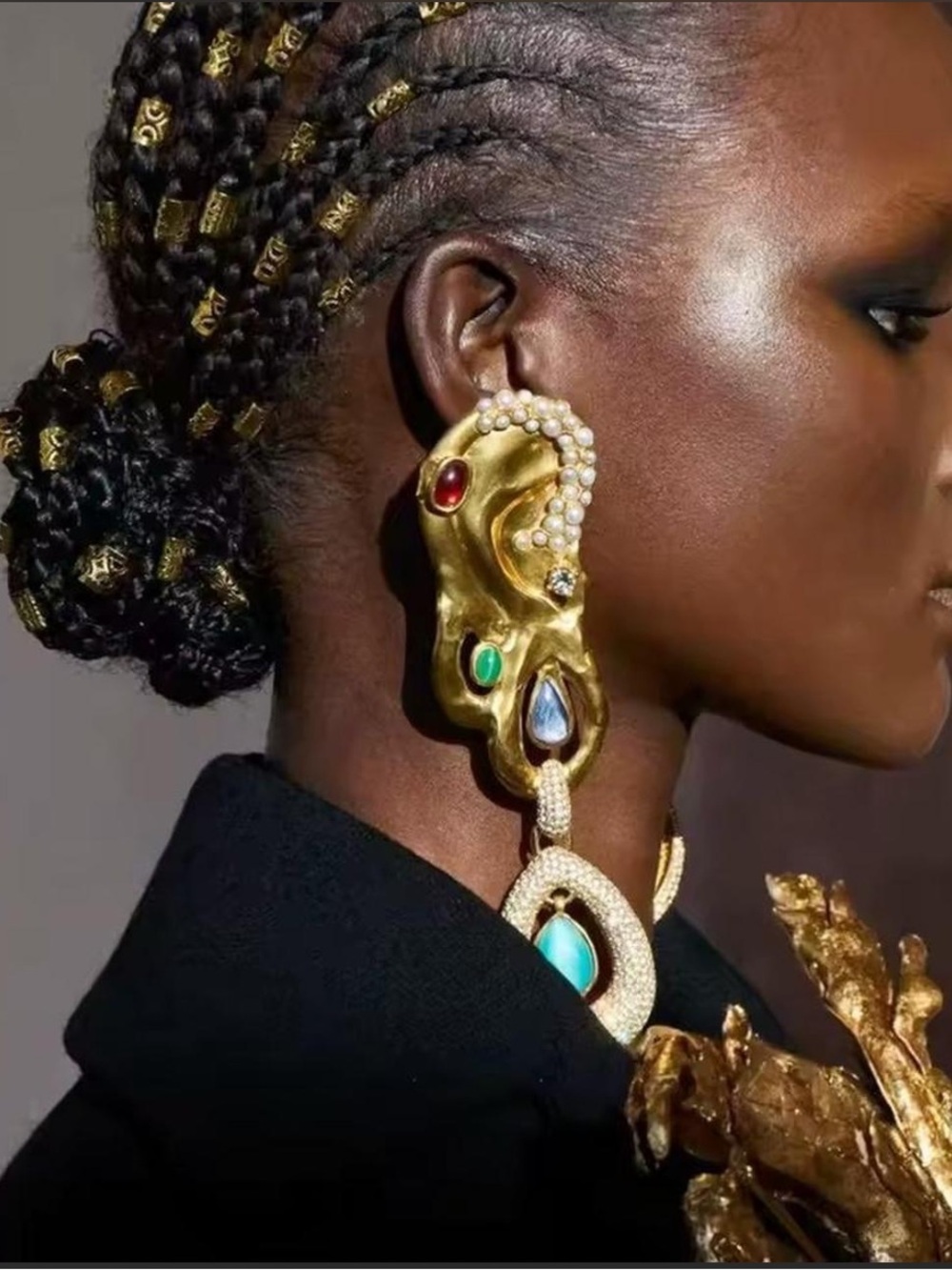 Iconic Statement Gold-tone Drop Earrings with Multicolor Gem Accents